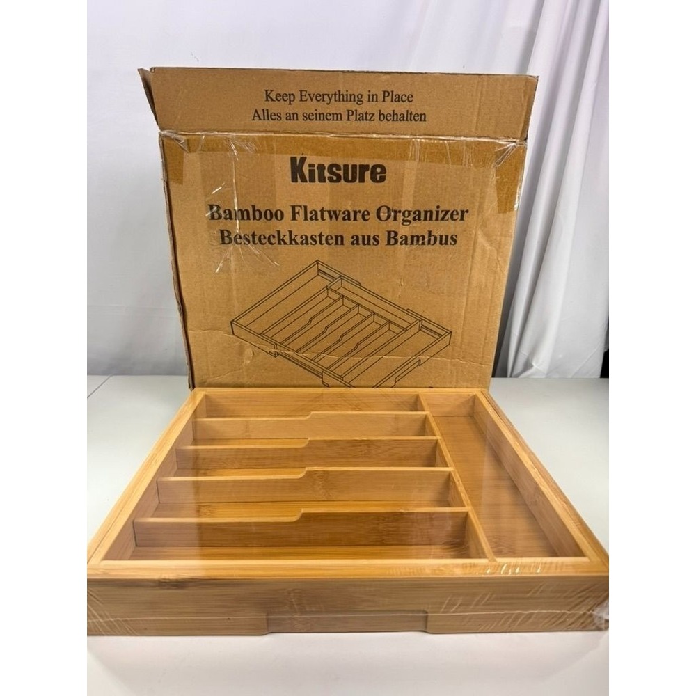 Kitsure Bamboo Flatware‎ Organizer Kitchen Drawer Silverware Holder NIB Sealed